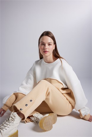 Şardonlu 3 İplik Kumaş Logolu Oversize Nola Sweatshirt Bej