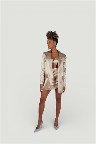 Vatkalı Uzun Kol Astarlı Saten Fancy Blazer Ceket Bej