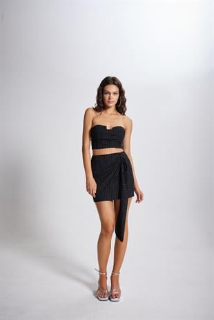 Çizgili Mini Norma Etek Siyah