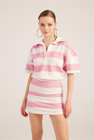 Polo Yaka Çizgili Mini Pamela Elbise Pembe
