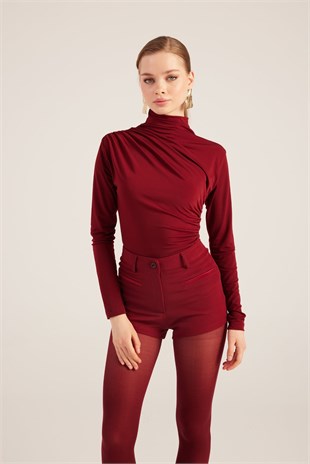 Yüksek Bel Fermuarlı Mini Bailey Şort Bordo