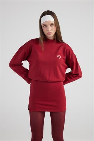 Yırtmaçlı Dokuma Kumaş Mini Claire Elbise Bordo