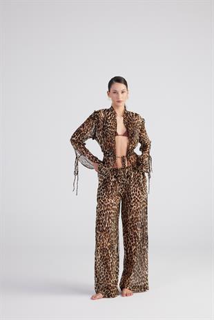 Bağlama Detaylı Leopar Desenli Şifon Savage Gömlek Kahve
