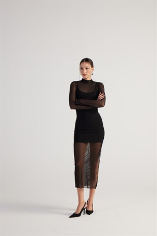 Astarlı Yarım Balıkçı Tül Kamille Elbise Siyah