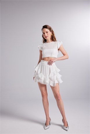 Brode Detaylı Crop Pixie Bluz Beyaz