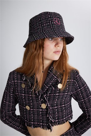 Tüvit Kumaş Logolu Bucket Tweed Şapka Siyah