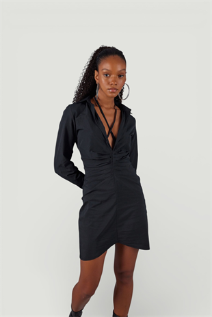 Boyundan Bağlamalı Dekolteli Mini Roar Elbise Siyah