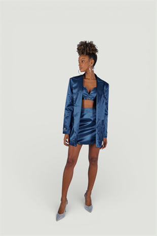 Vatkalı Uzun Kol Astarlı Saten Fancy Blazer Ceket Lacivert