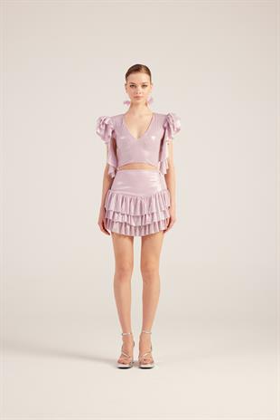 Fırfır Detaylı Etek Bluz Nana Takım Pembe