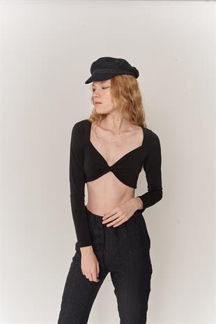 Crop Model Uzun Kol Walery Bluz Siyah