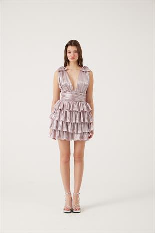 Parlak Kumaşlı Fırfırlı Mini Paole Elbise Pembe