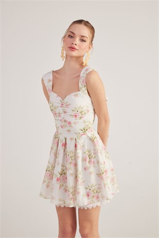 Eteği Brode Detaylı Çiçekli Mini Romance Elbise Pembe