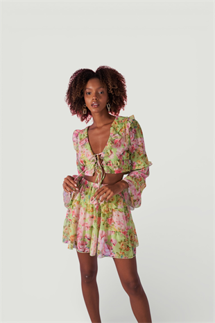 Çiçek Desenli Lastikli Yüksek Bel Mini Flora Etek Yeşil