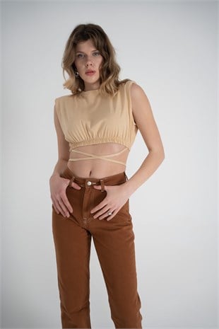 Bel Bağlamalı Crop Candy Tshirt Bej