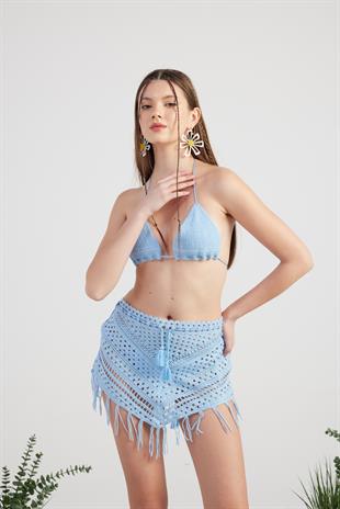 Desenli Bağlamalı Yazlık Alt Üst Chacha Triko Takım Mavi