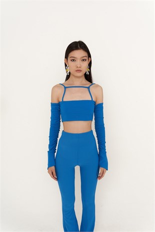 Crop Model Askılı Uzun Kol Molly Bluz Mavi