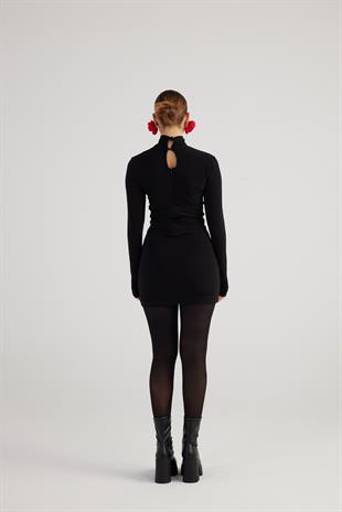 Balıkçı Yaka Büzgülü Mini Tami Elbise Siyah