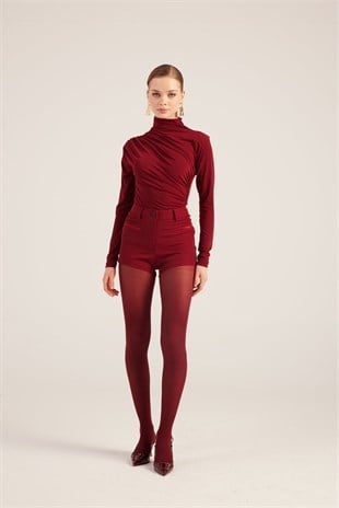 Yüksek Bel Fermuarlı Mini Bailey Şort Bordo