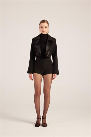 Yakası Saten Detaylı Camila Crop Blazer Ceket Siyah