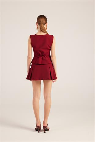 Kurdeleli Yüksek Bel Pilili Mini Elena Şort Etek Bordo