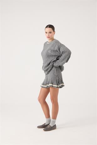 Beli Lastikli Örgü Desenli Mini Triko Harold Etek Gri