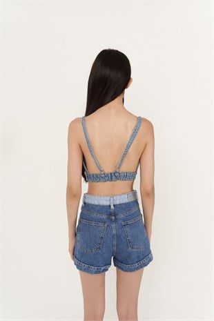 Yüksek Bell, Çift Renkli Mini Ocean Jean Şort Mavi