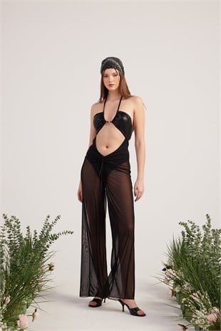 Beli İp Detaylı Tül Pareo Shirred Pantolon Siyah