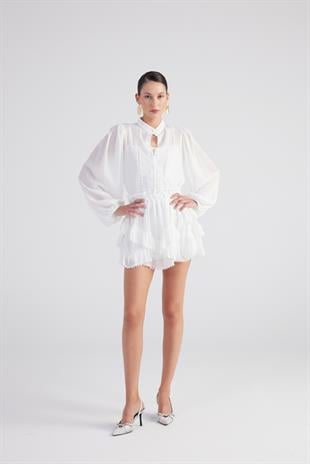 Brode Detaylı Asimetrik Kesim Astarlı Mini Pixie Etek Beyaz