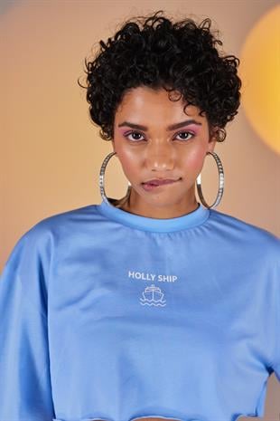 Bisiklet Yaka Holly Crop Tshirt Mavi