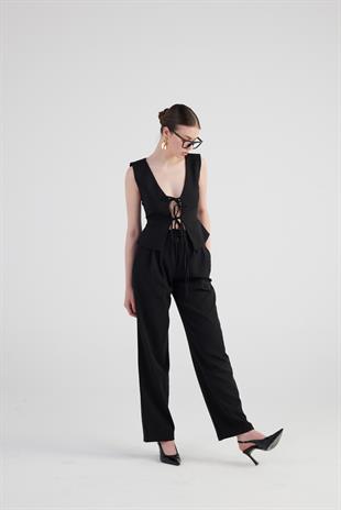 Geniş Paça Pilili Yüksek Bel Palazzo Giselle Pantolon Siyah