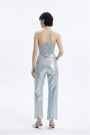 Özel Yapım Parlak Kaplamalı Glossy Jean Pantolon Mavi