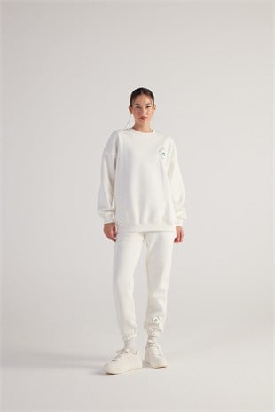 3 İplik Şardonlu Uzun Kol Bisiklet Yaka Fine Sweatshirt Ekru