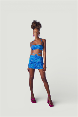 Boyun Bağlamalı Crop Bel Bağlamalı Venice Takım Mavi