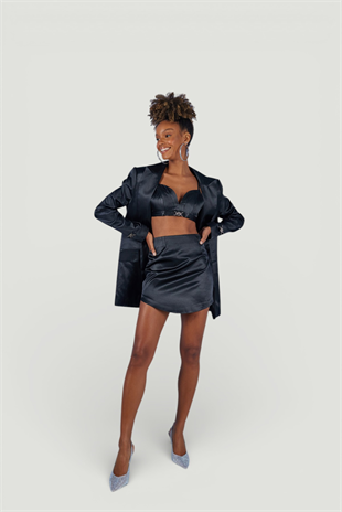 Mini Boy Fermuarlı Saten Fancy Etek Siyah