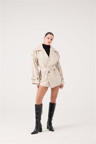 Kemerli Oversize Kesim Sara Trençkot Bej