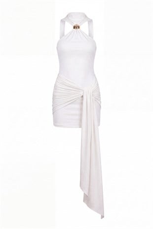 Halter Yaka Aksesuarlı Mini Lilian Elbise Beyaz