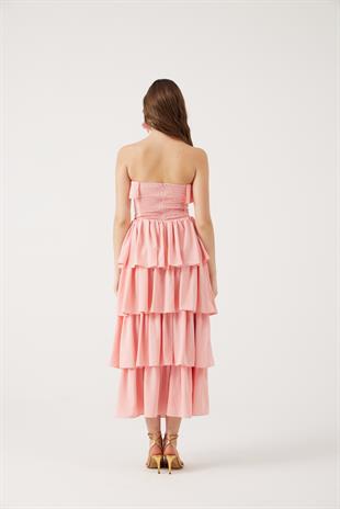 Straplez Fırfırlı Uzun Gracie Elbise Pembe