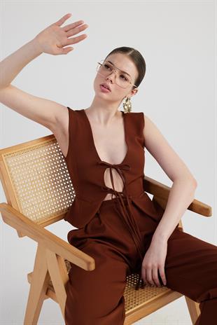 Bağlama Detaylı Frida Yelek Kahve