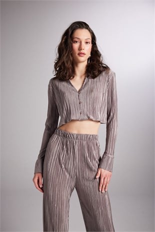 Crop Model Düğme Kapamalı Comfy Crop Gömlek Vizon