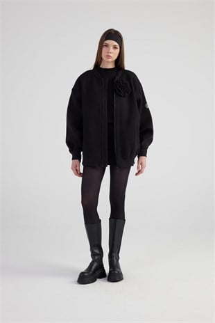 Oversize Çıkarılabilir Gül Detaylı Astarlı Alexa Bomber Ceket Siyah
