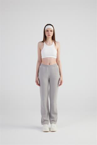 Kadın Gri Yüksek Bel Straight Kesim Şardonlu Mixed Eşofman Altı