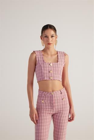 Tüvit Kumaş Crop Tweed Büstiyer Pembe