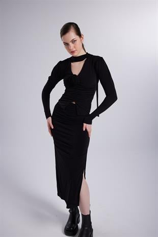 Çift Yırtmaçlı Maxi Serre Etek Siyah