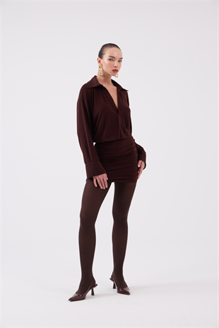 Eteği Büzgü Detaylı Gömlek Yaka Jaida Elbise Kahve