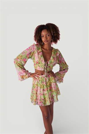 Çiçek Desenli Lastikli Yüksek Bel Mini Flora Etek Yeşil