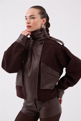 Lina Suede Jacket with Stand-Up Collar and Leather Details, Brown
