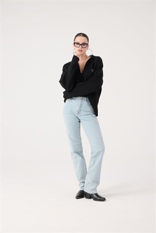 Yüksek Bel Straight Kesim Sagrado Jean Pantolon Mavi (Buz)