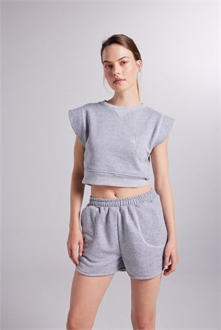 Crop Kesim Kontrast Dikişli Rhode Tshirt Gri