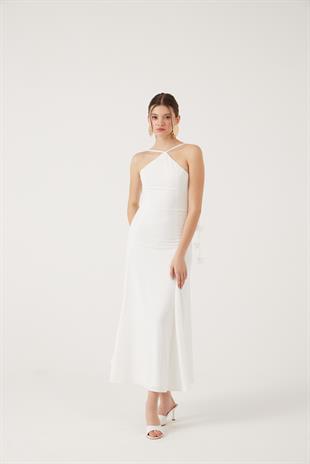 Askıları Yaprak Detaylı Uzun Raina Elbise Beyaz