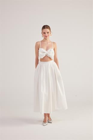 Beli Kemerli Cepli Astarlı Uzun Olivia Etek Beyaz